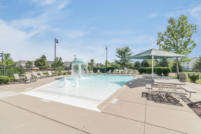 view of swimming pool featuring pool water feature and a patio area