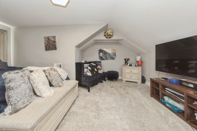 living room with light carpet and lofted ceiling