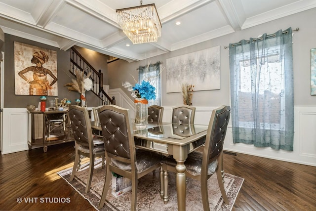 dining room with coffered ceiling, dark wood-type flooring, and beam ceiling