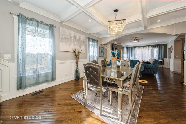 dining space featuring beam ceiling, coffered ceiling, and dark hardwood / wood-style floors