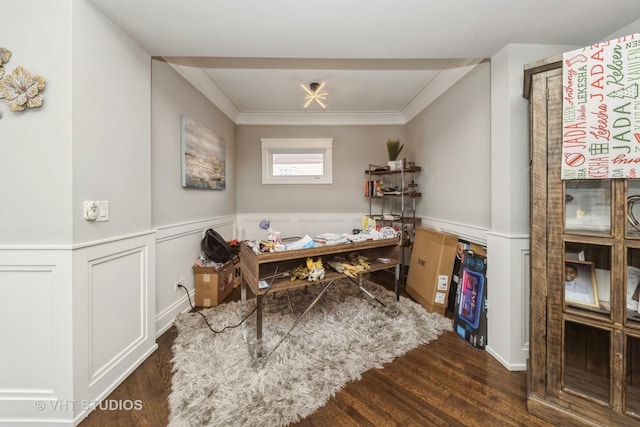 office space with ornamental molding and dark hardwood / wood-style flooring