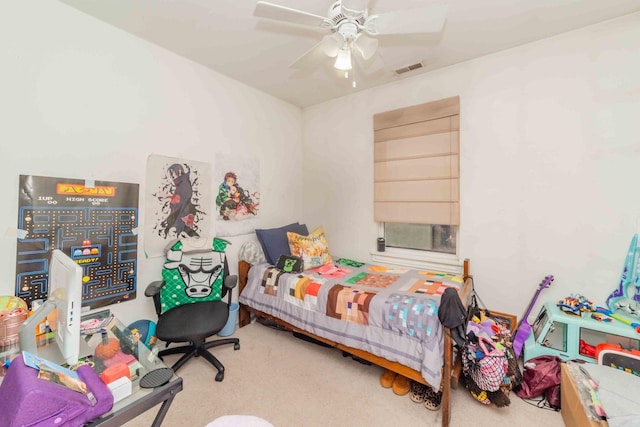 bedroom featuring carpet flooring and ceiling fan