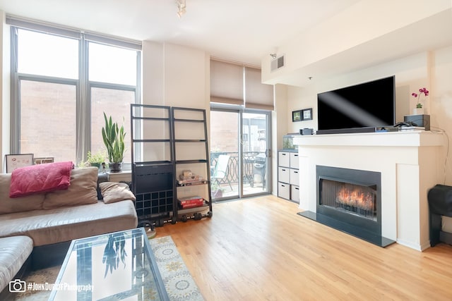 living room with a wall of windows and light hardwood / wood-style floors