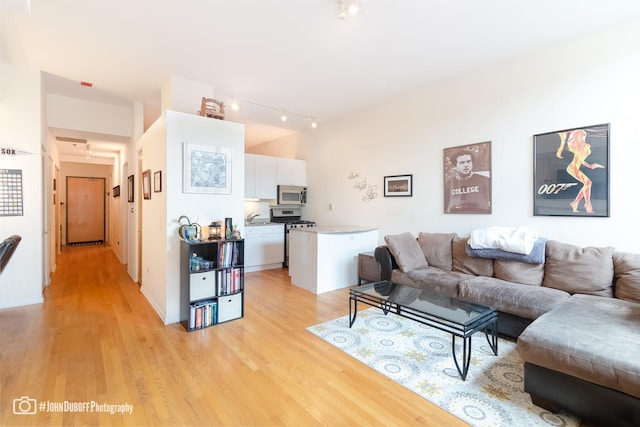 living room featuring vaulted ceiling, rail lighting, sink, and light hardwood / wood-style flooring