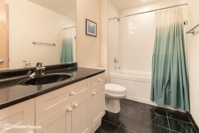 full bathroom featuring vanity, shower / bathtub combination with curtain, and toilet