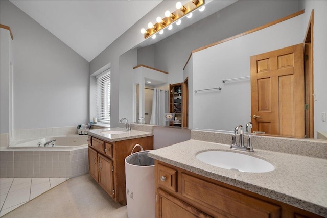 bathroom with vanity, shower with separate bathtub, tile patterned flooring, and vaulted ceiling