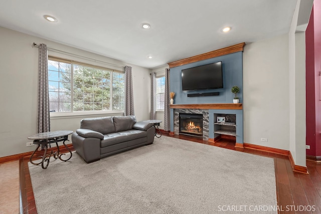 living room featuring wood-type flooring and a high end fireplace