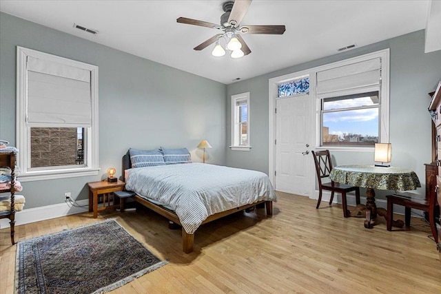 bedroom with ceiling fan and light hardwood / wood-style flooring