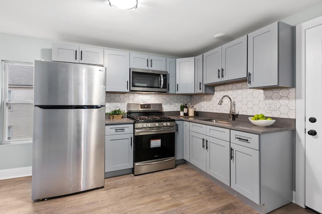 kitchen featuring gray cabinets, appliances with stainless steel finishes, sink, and backsplash