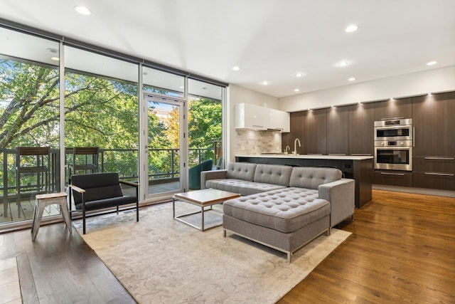 living room with a wall of windows, wood-type flooring, and sink