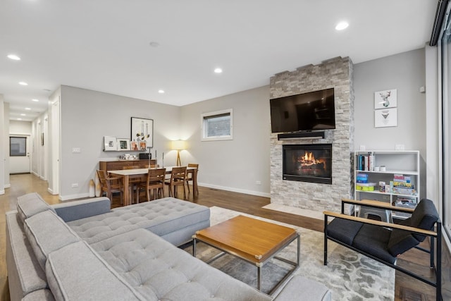 living room featuring wood-type flooring and a fireplace