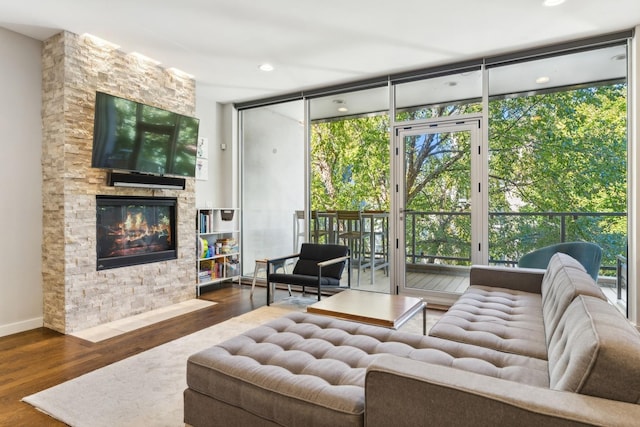 living room featuring expansive windows, a stone fireplace, and dark wood-type flooring