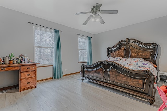 bedroom with ceiling fan and light wood-type flooring