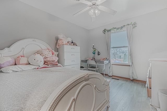 bedroom with ceiling fan and light hardwood / wood-style floors