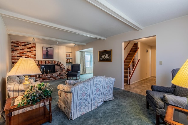 living room featuring dark carpet, a brick fireplace, and beam ceiling