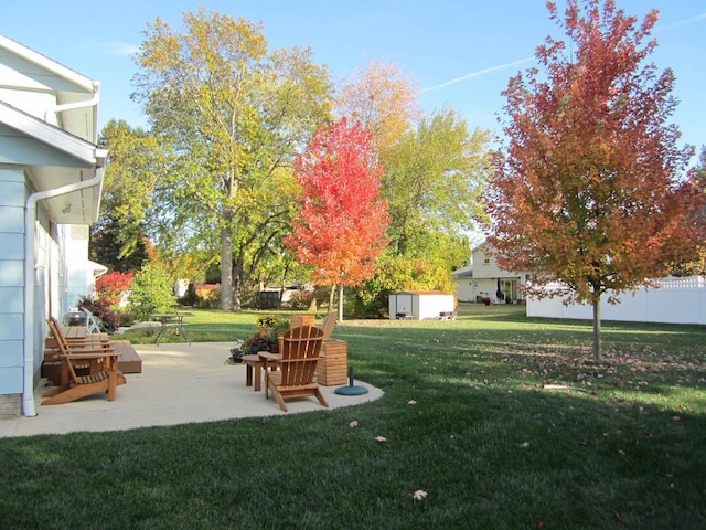 view of yard with a storage shed and a patio area