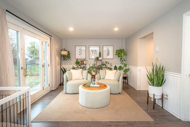 living room featuring plenty of natural light and dark wood-type flooring