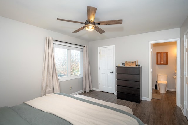 bedroom featuring dark hardwood / wood-style floors and ceiling fan