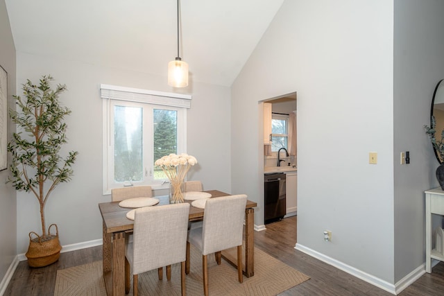 dining room featuring lofted ceiling, sink, dark hardwood / wood-style floors, and a healthy amount of sunlight