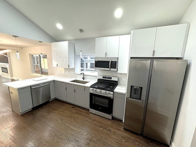 kitchen with dark hardwood / wood-style floors, white cabinetry, sink, kitchen peninsula, and stainless steel appliances