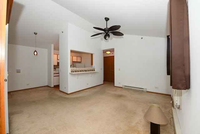 unfurnished living room featuring a baseboard radiator, high vaulted ceiling, light carpet, and ceiling fan