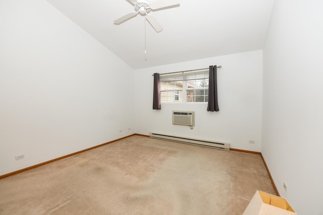 carpeted spare room featuring a baseboard radiator, lofted ceiling, ceiling fan, and a wall unit AC