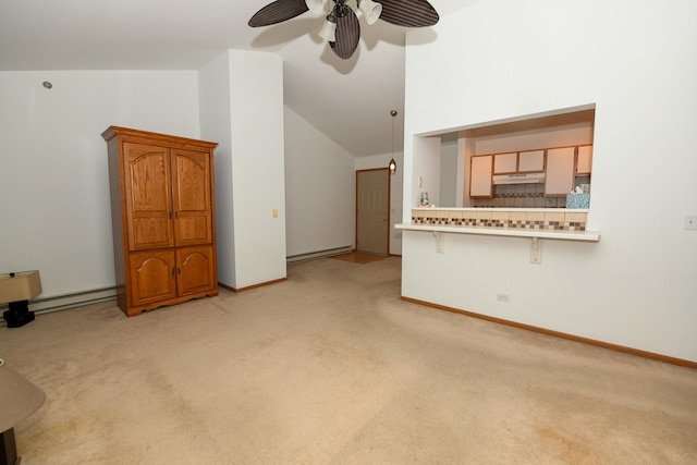 unfurnished living room with baseboard heating, light colored carpet, and lofted ceiling