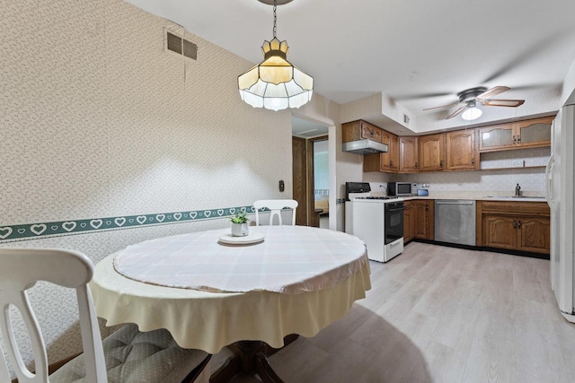 kitchen with stainless steel appliances, ceiling fan, light wood-type flooring, and decorative light fixtures