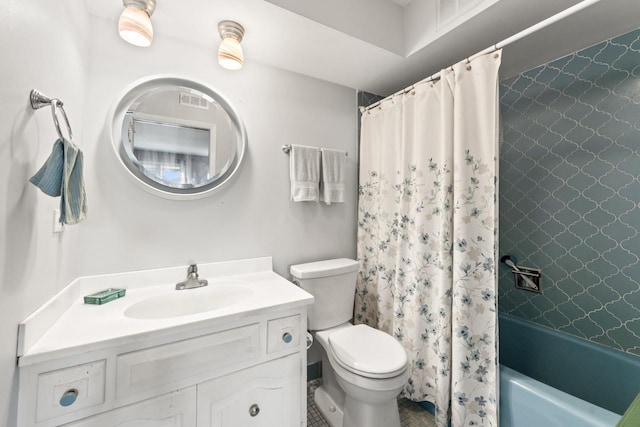 full bathroom with vanity, toilet, and shower / bathtub combination with curtain