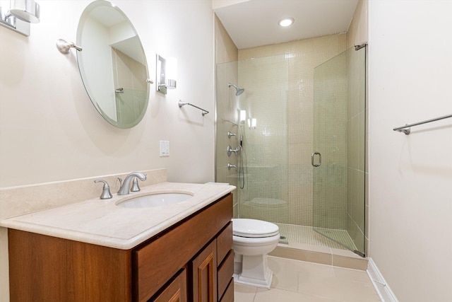 bathroom with tile patterned flooring, vanity, a shower with door, and toilet