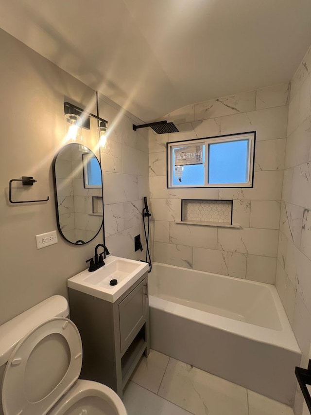 bathroom with shower / bathtub combination, toilet, marble finish floor, and vanity