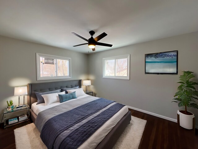 bedroom featuring multiple windows, ceiling fan, baseboards, and wood finished floors