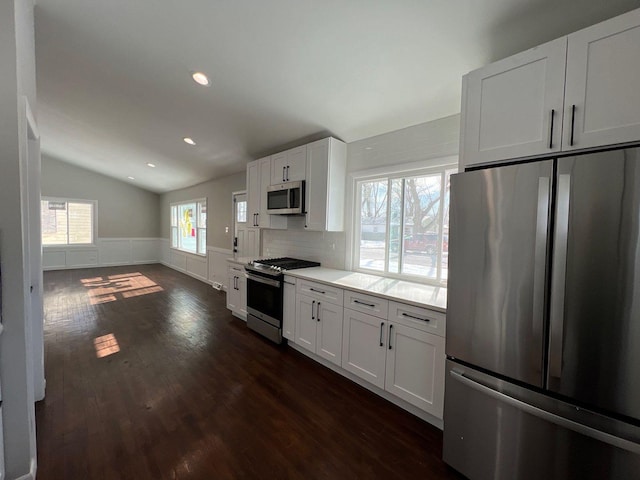 kitchen featuring a wainscoted wall, dark wood finished floors, vaulted ceiling, appliances with stainless steel finishes, and white cabinetry