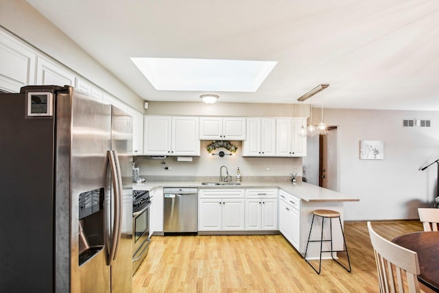 kitchen featuring sink, hanging light fixtures, stainless steel appliances, white cabinets, and kitchen peninsula