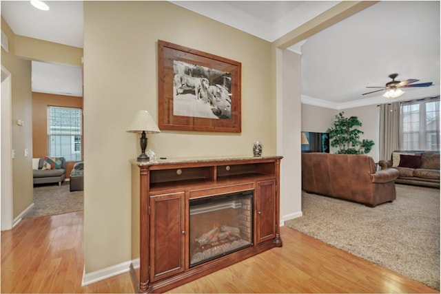 living room featuring crown molding, light hardwood / wood-style floors, and a wealth of natural light