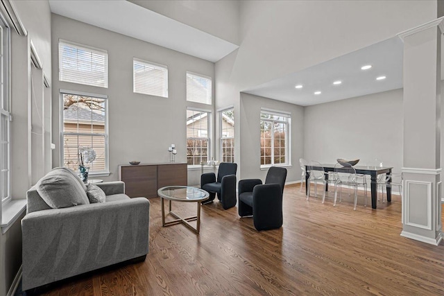 living room with a towering ceiling and hardwood / wood-style floors