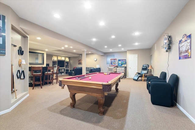 recreation room with light carpet, billiards, and indoor bar