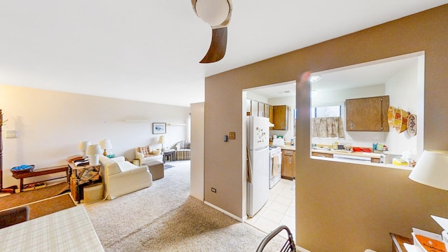 living room with light colored carpet