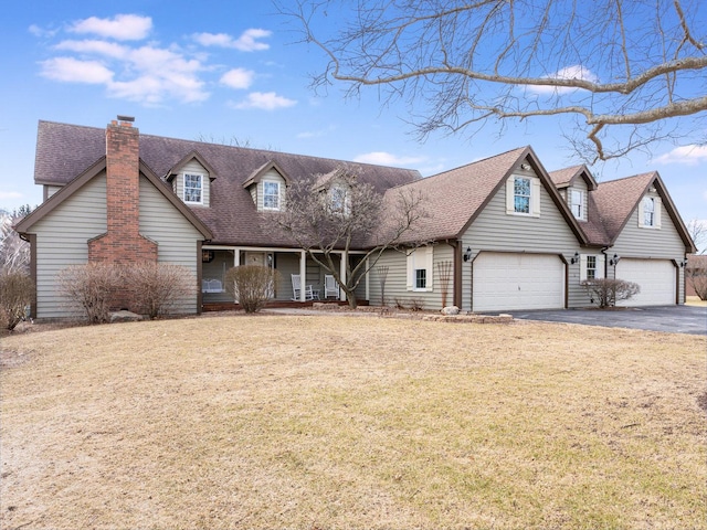 new england style home featuring a chimney, aphalt driveway, roof with shingles, and a front yard