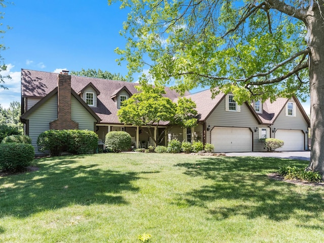 37W751 Orchard Ln, Elgin, IL 60124 - new england style home with a garage, a front lawn, a shingled roof, a chimney, and driveway