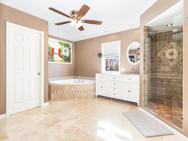 37W751 Orchard Ln, Elgin, IL 60124 - full bath featuring ceiling fan, a garden tub, recessed lighting, vanity, and a shower stall