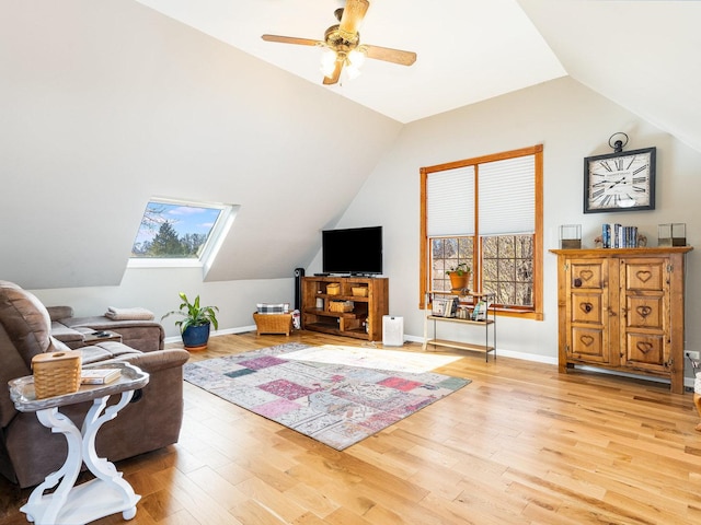 37W751 Orchard Ln, Elgin, IL 60124 - living room featuring a ceiling fan, lofted ceiling, baseboards, and light wood finished floors