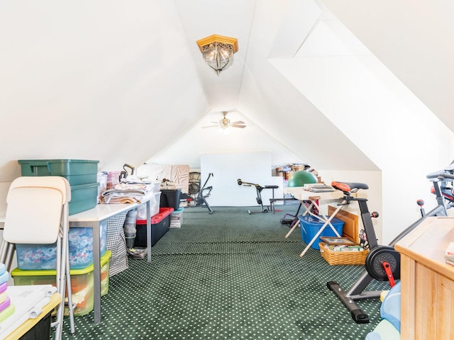37W751 Orchard Ln, Elgin, IL 60124 - game room with a ceiling fan, carpet, and vaulted ceiling