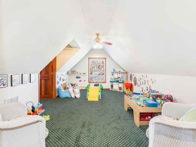 37W751 Orchard Ln, Elgin, IL 60124 - recreation room featuring vaulted ceiling, carpet floors, ceiling fan, and visible vents