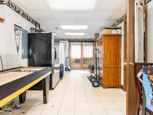 37W751 Orchard Ln, Elgin, IL 60124 - kitchen featuring stainless steel refrigerator with ice dispenser, a drop ceiling, and light tile patterned flooring