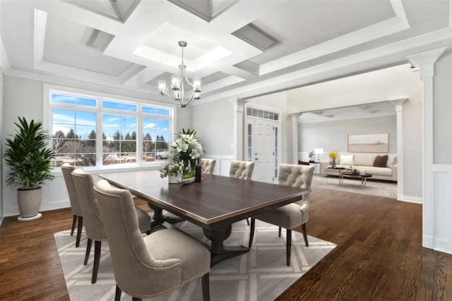 dining space with an inviting chandelier, dark hardwood / wood-style floors, coffered ceiling, ornamental molding, and ornate columns