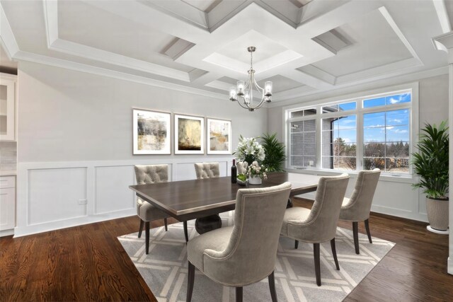 dining room featuring coffered ceiling, ornamental molding, dark hardwood / wood-style floors, and a chandelier