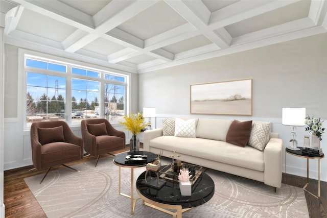 living room with beamed ceiling, wood-type flooring, and coffered ceiling