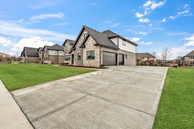 view of side of home featuring a garage and a lawn