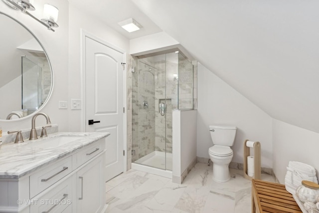 bathroom featuring vaulted ceiling, toilet, an enclosed shower, and vanity